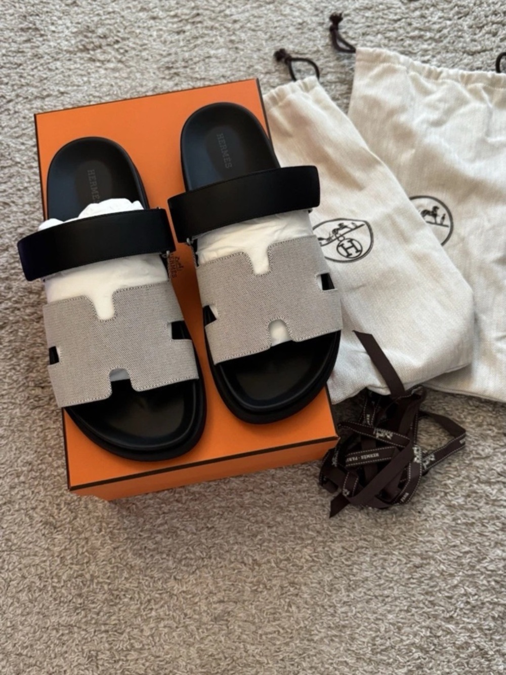 Hermes Black and Light Gray Oran Leather Slide Sandals